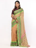 Brown Printed And Embroidered Cotton Saree