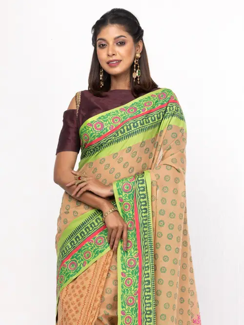 Brown Printed And Embroidered Cotton Saree