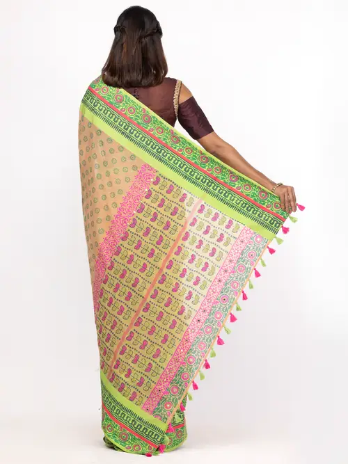 Brown Printed And Embroidered Cotton Saree